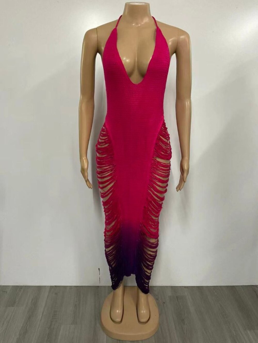 Fringe & Tassel Crochet Coverup Swimwear or Maxi Dress- Pink/Purple - Picture 5 of 7